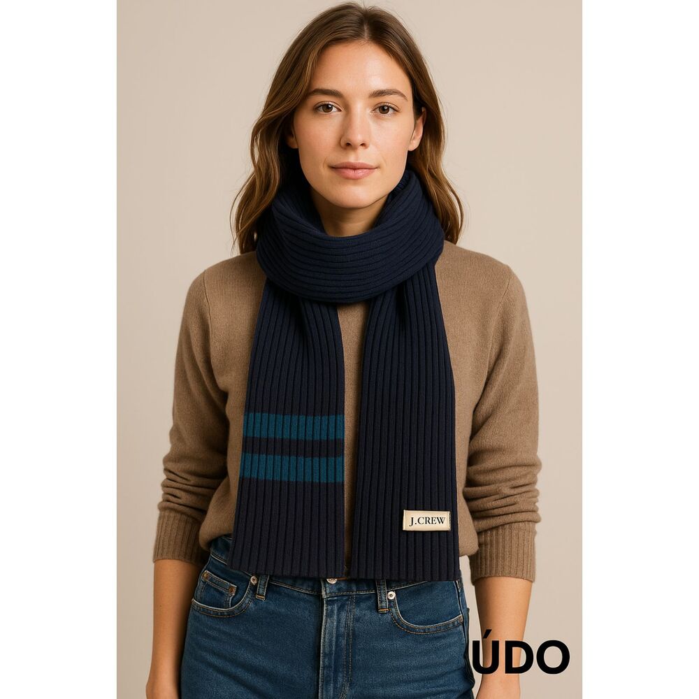 J.Crew  Ribbed Knit Long Scarf Unisex Luxury Wool Blend Navy Blue Stripe 86"